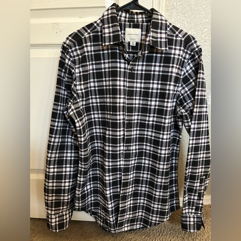 American eagle flannel black and white with purple